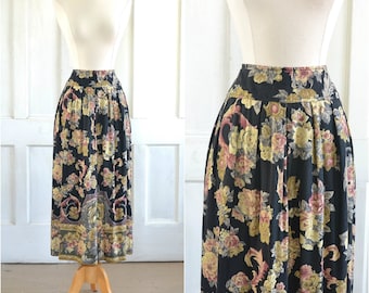 Vintage 80s Rayon Challis Midi Skirt - Long Skirt - Baroque Floral and Border Print - High Waisted Full Skirt - 27 inch waist