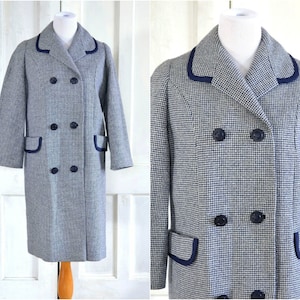 Abrigo MOD vintage de los años 60 - Cuadros azules y blancos - Abrigo cruzado de lana