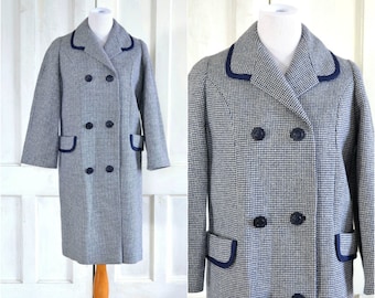 60s Vintage MOD Coat - Blue and White Check - Double Breasted Wool Coat