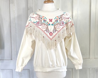 80s Vintage Fringed Top - Southwestern Blouse - Western Pullover - Cotton Oversized Blouse - Hazelwood Southwestern Fringed Blouse