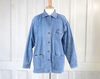 Vintage Denim Chore Jacket - 1990s Chore Coat - Jean Jacket - 90s Denim Shacket - size XL Tall