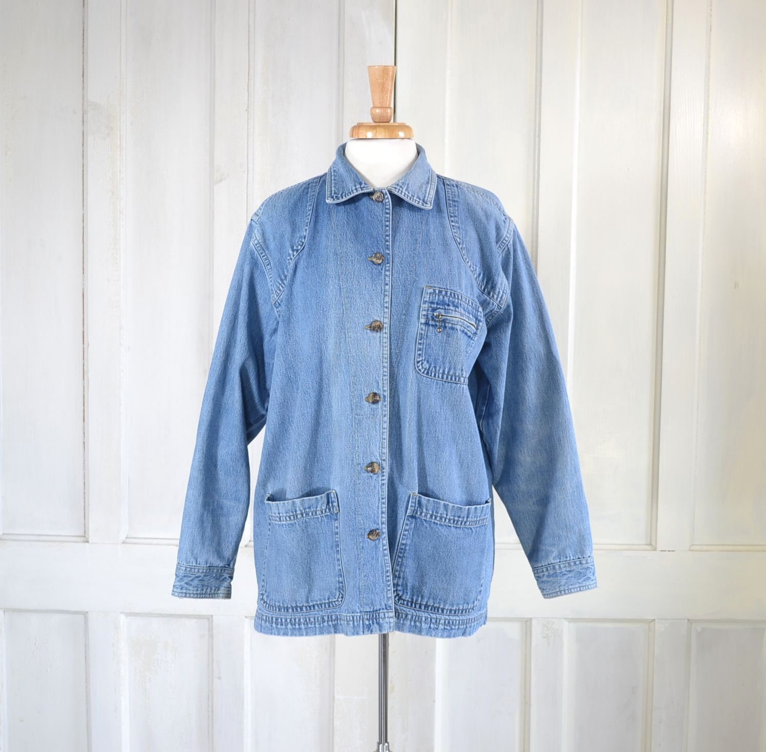 Vintage Denim Chore Jacket - 1990s Chore Coat - Jean Jacket - 90s