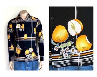 1970s Vintage Disco Shirt - Van Heusen Van Knit - Apple Fruit