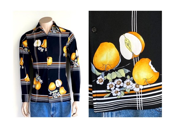 1970s Vintage Disco Shirt - Van Heusen Van Knit - Apple Fruit