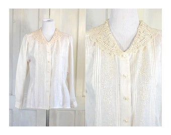 Vintage Linen Prairie Blouse - 80s Embroidered Cottage Core Blouse with Lace Collar - Outback Red - Victorian Cottagecore