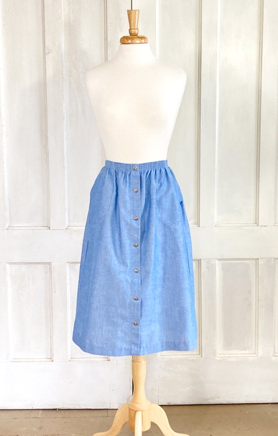 80s Vintage Blue Chambray Skirt - Faux Button Fro… - image 2