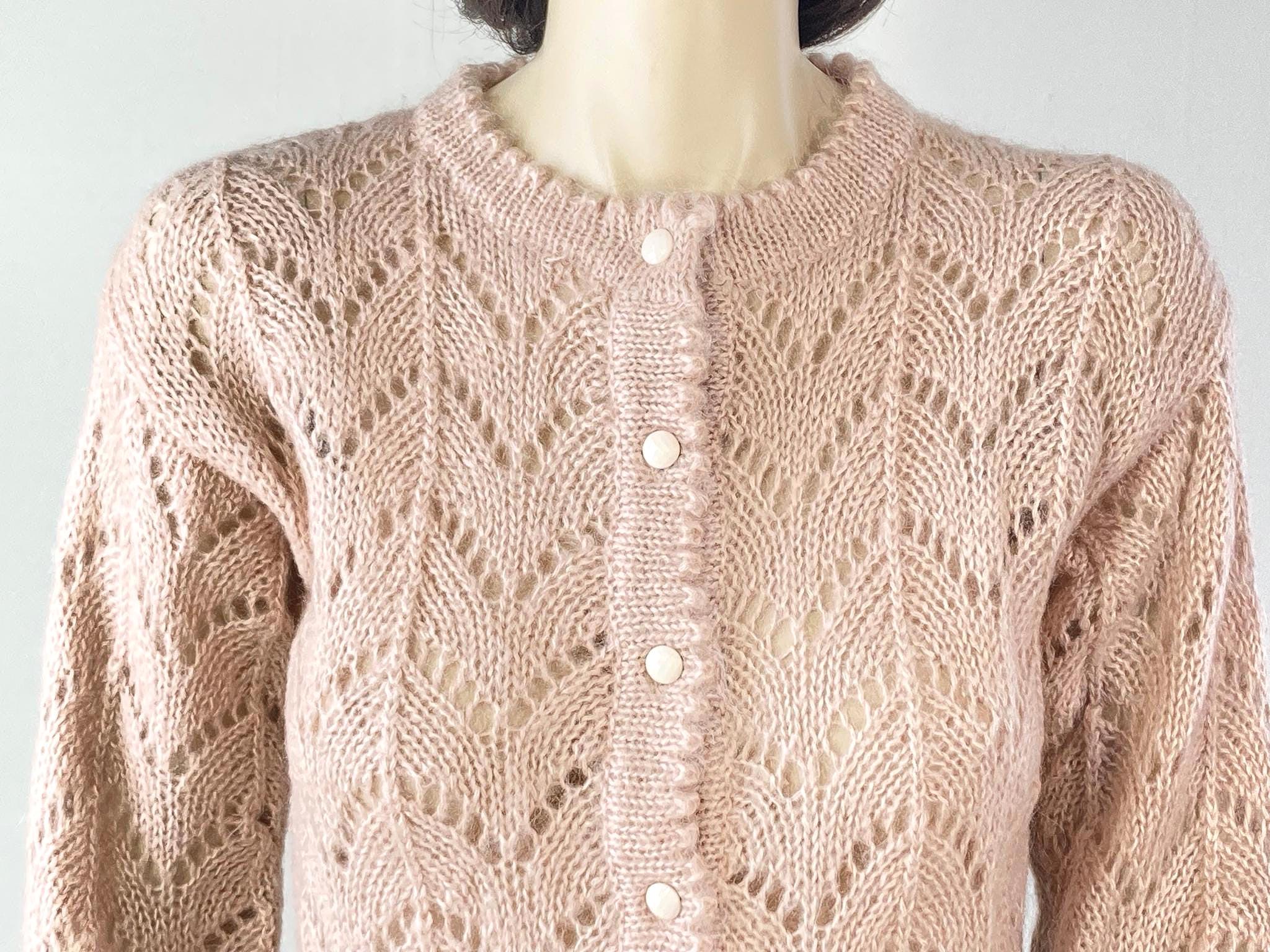 Vintage 70s Mohair Cardigan Sweater - JG Hook Pointelle Lace Knit 
