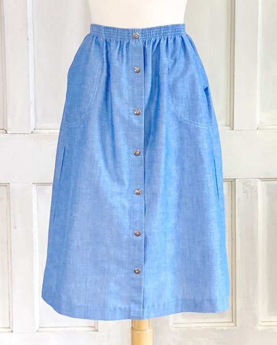 80s Vintage Blue Chambray Skirt - Faux Button Fro… - image 3