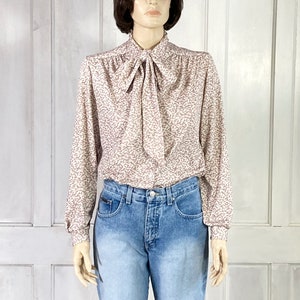 70s Vintage Ascot Bow Blouse - Botanical Leaf Print - 80s Button Up Boho Knit Blouse