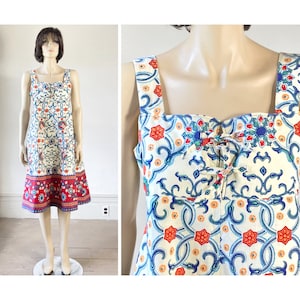 Vintage 70s Dress - Empire Waist Sundress - Cotton Border Print - Cottagecore Boho Peasant Dress - small