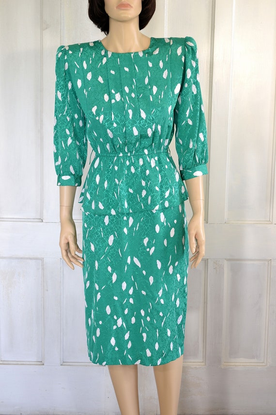 80s Vintage Peplum Dress - Silky Damask - Abstract Leaf Print