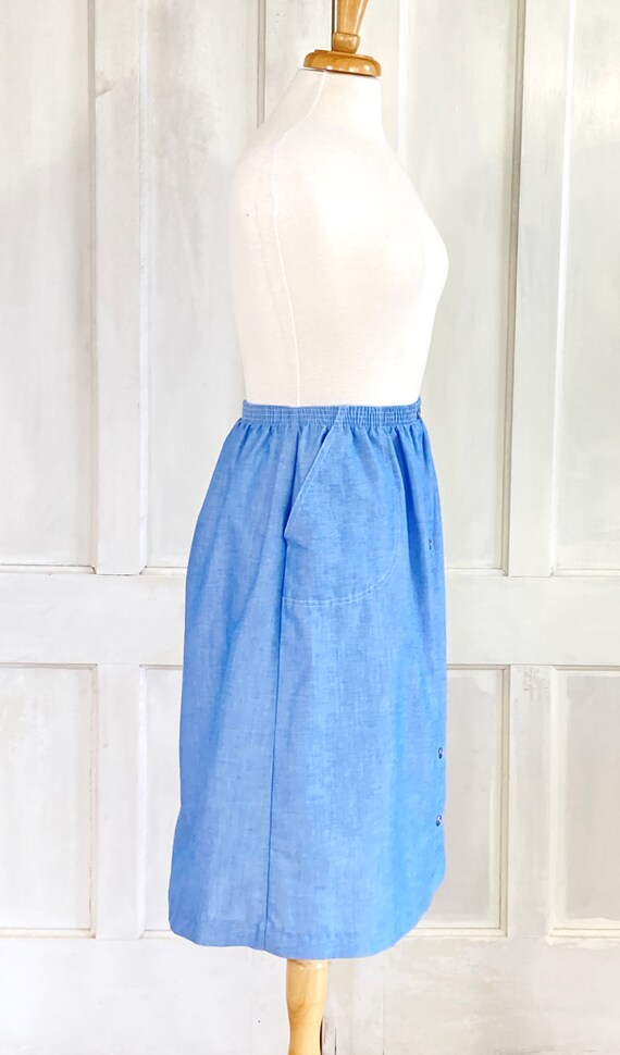 80s Vintage Blue Chambray Skirt - Faux Button Fro… - image 7