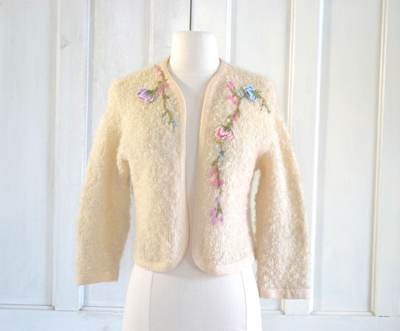 50s Mohair Wool Boucle Sweater Jacket - Embroidere