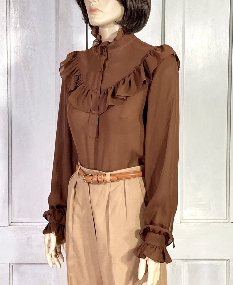 Puede incluir: Una blusa marr&oacute;n de manga larga con cuello alto con volantes y pu&ntilde;os con volantes. La blusa est&aacute; hecha de una tela transparente y tiene un cierre de botones en la parte delantera.
