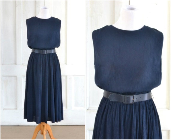 80s Dress - Midi Dress - Navy Blue Crinkle Rayon -