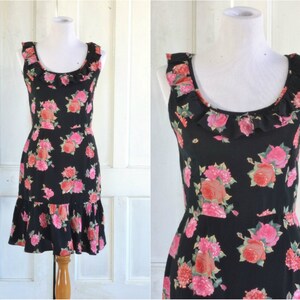 90s Vintage Black Floral Rose Print Floral Dress - Rayon Mini Dress