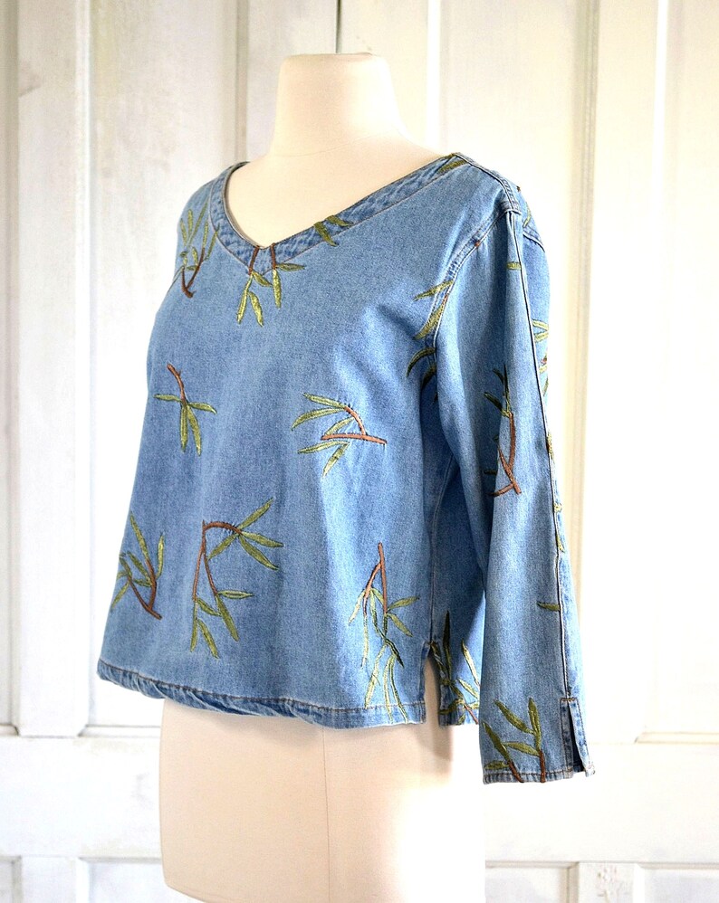 90s Denim Crop Top Embroidered Denim Blouse