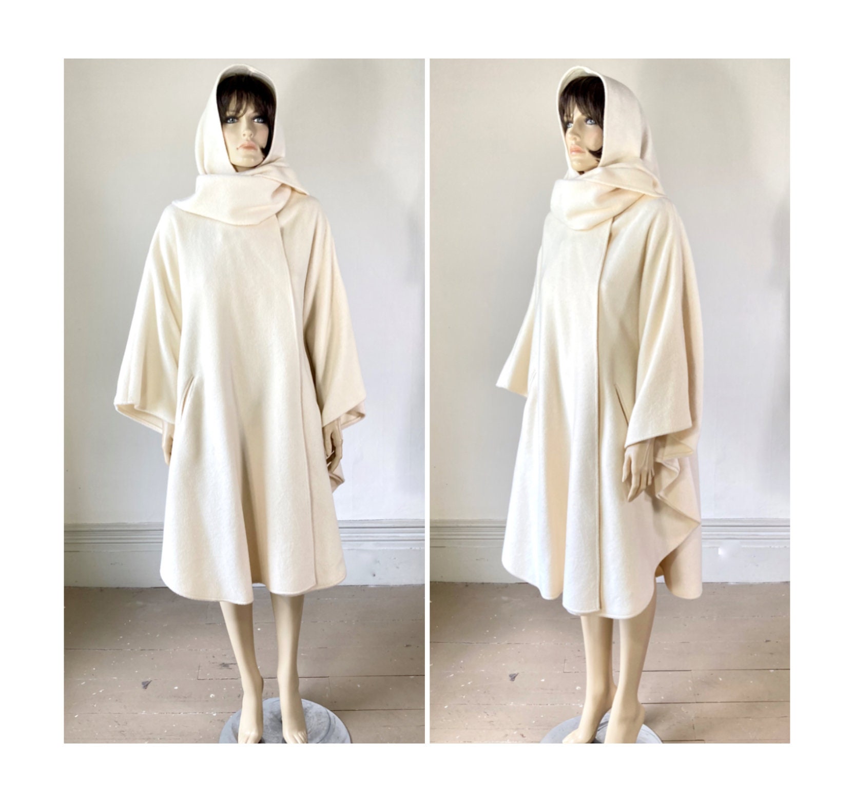 送料無料 通販 激安 80s Vintage White Wool Cape Coat - Hooded Wrap Cape - White ジャケット・アウター