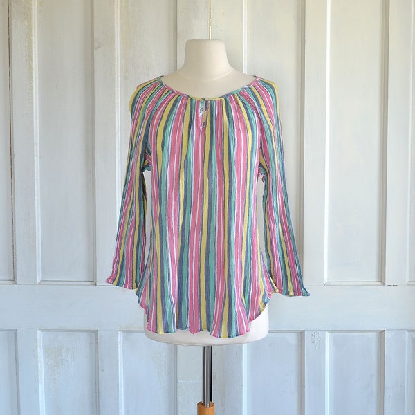 70s Vintage Cotton Gauze Blouse - Striped Boho Tunic Top - Light Weight Crinkled Gauze Shirt