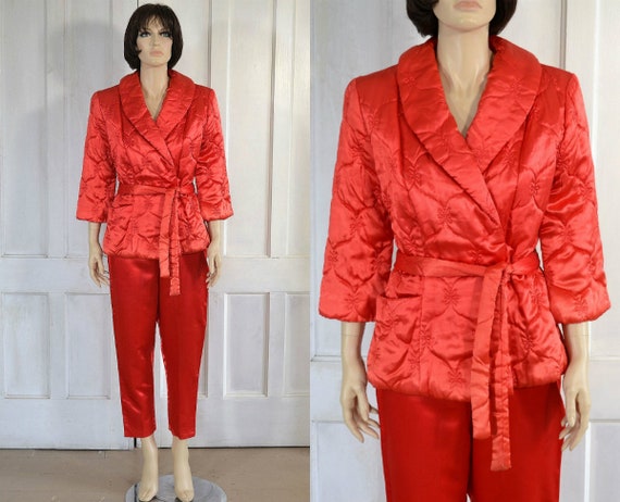 50s Loungewear Set - Red Satin Pajamas - Quilted B