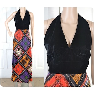 Vintage 60s Maxi Dress - 70s Halter Dress - Black Velvet and Mod Plaid - Shawn Jrs Dress