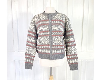 Vintage Norwegian Hand Knit Wool Cardigan Sweater -Scandinavian Nordic Sweater Made in Norway - Chunky Wool Snowflake and Reindeer Cardigan