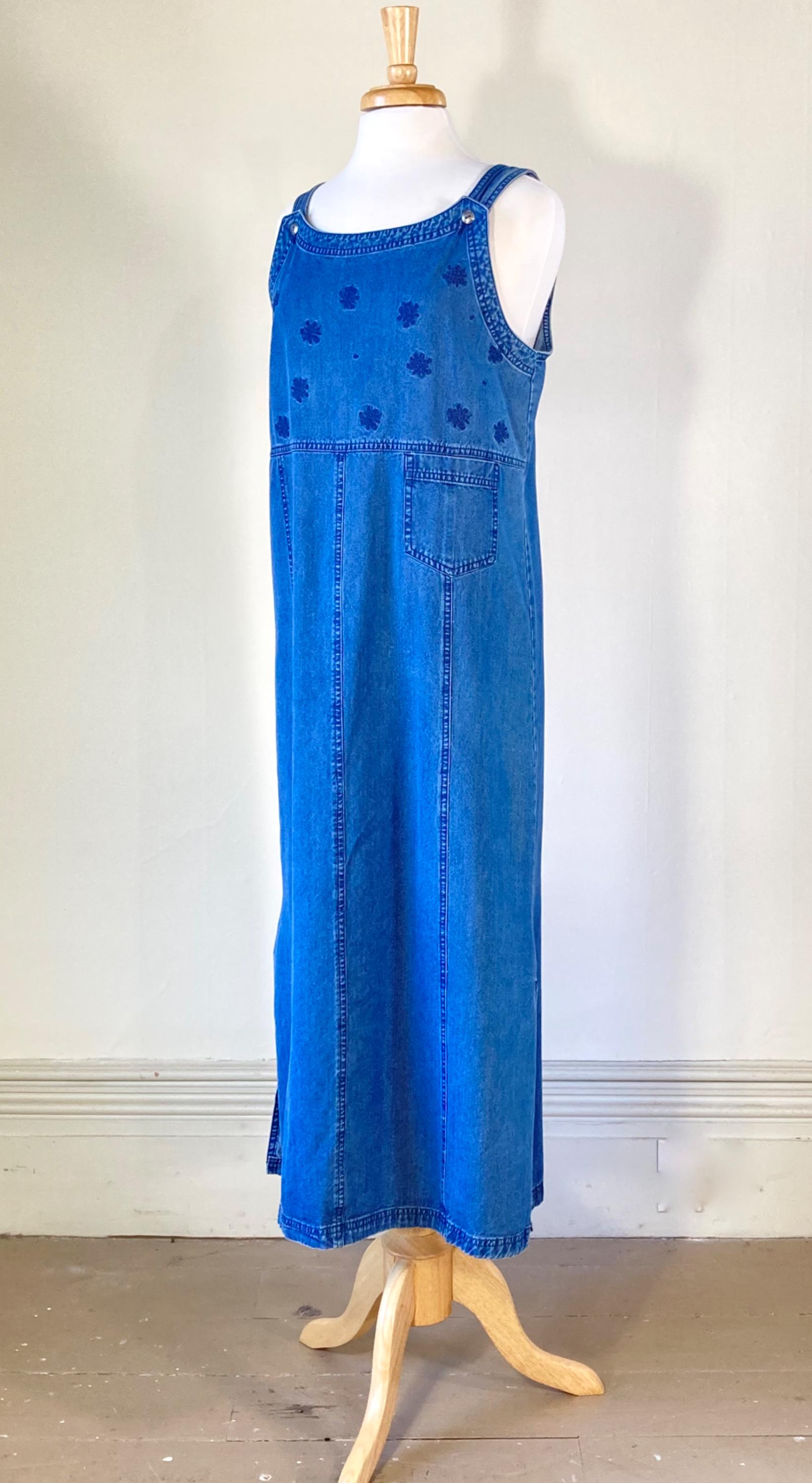denim maxi jumper dress 90s Vintage Cherokee Denim Dress - Embroidered Denim Blue Maxi Dress -  Overalls Dress - Jumper Dress