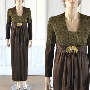 Abito lungo in maglia vintage anni &#39;70 - Fibbia a forma di elefante dorato - Corpetto in lurex metallizzato scintillante - Marrone e oro - Vita impero - extra small