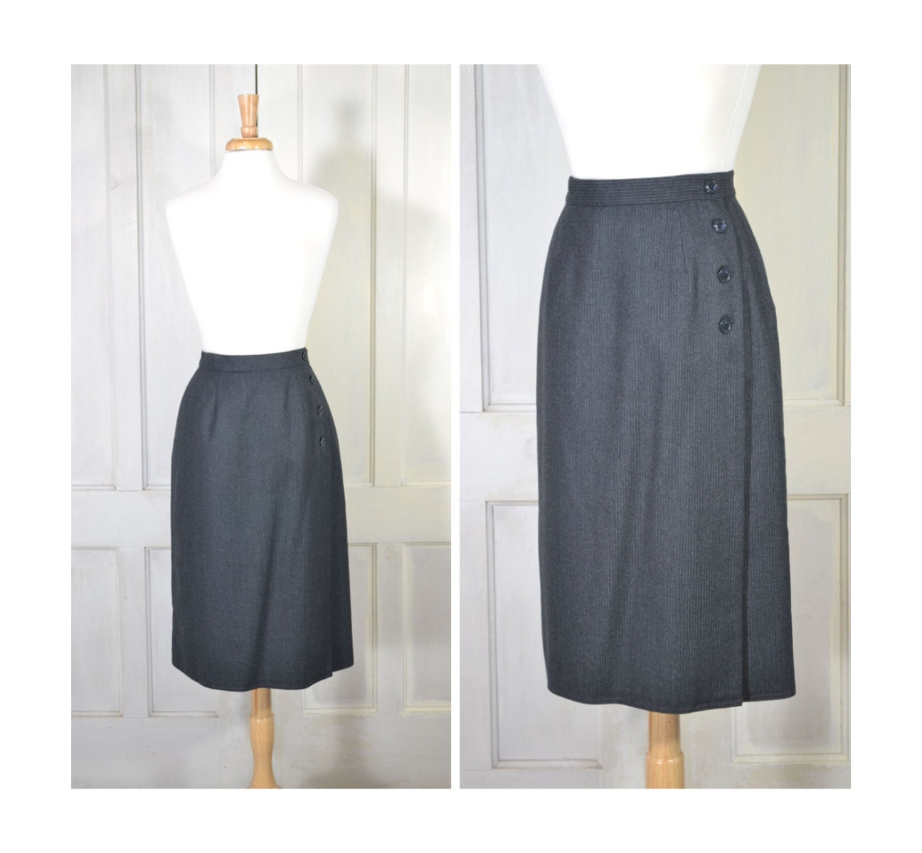 Vintage 90s Wool Wrap Skirt - Side Button Pencil Skirt - Charcoal