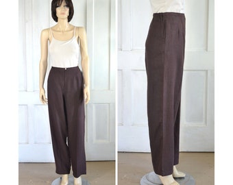 90s Vintage Linen Trousers - High Waisted - Chocolate Brown Linen - Unworn Condition - NWT - Harve Benard Pants - 30 to 34 inch waist