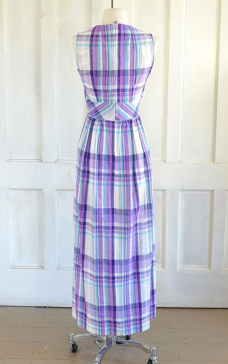 70s Vintage Plaid Seersucker Maxi Dress - 60s Mod Preppy Dress - small image 8