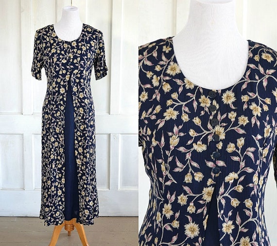 90s Vintage Grunge Floral Crinkle Rayon Dress - Bo