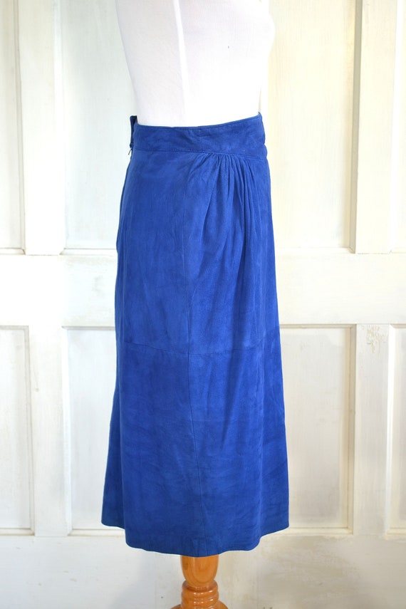 80s Vintage Suede Leather Skirt - Blue Soft Suede… - image 6
