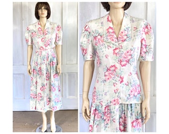 80er Vintage Susan Bristol Leinen Rock Set - Midi Rock - Bluse mit Knöpfen - Rose Blumendruck - 90er Jahre Zweiteiler Rock und Bluse Set