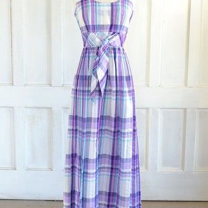 70s Vintage Plaid Seersucker Maxi Dress - 60s Mod Preppy Dress - small image 2