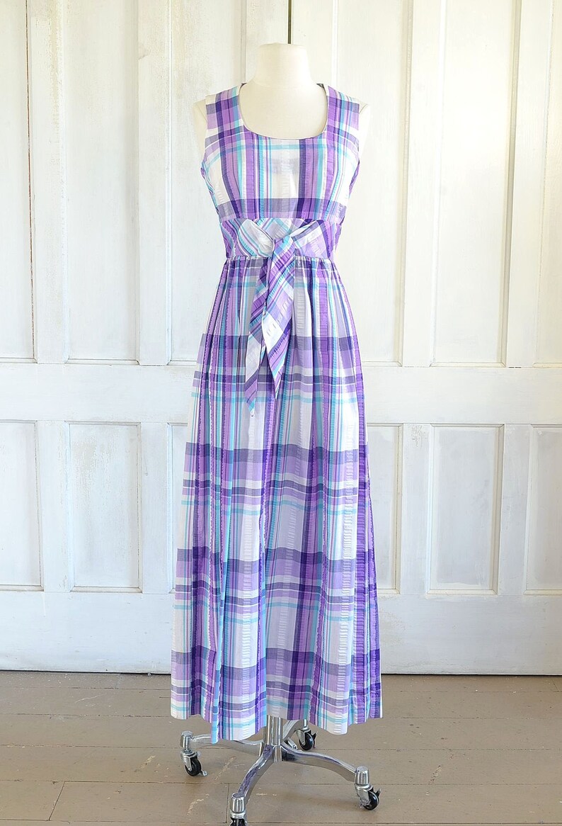 70s Vintage Plaid Seersucker Maxi Dress - 60s Mod Preppy Dress - small image 2