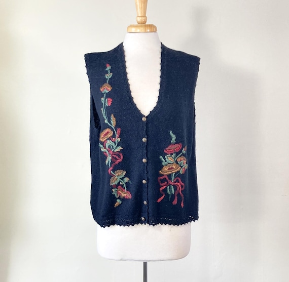 Vintage Embroidered Sweater Vest – 90s Black Floral Knit Cardigan