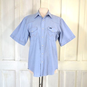 Vintage 80s Wrangler Western Shirt - Blue Chambray Orange Top Stitch - Pearl Snap Short Sleeve Shirt - Unisex