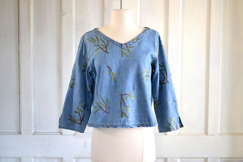 90s Denim Crop Top Embroidered Denim Blouse