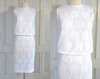 60s Vintage Mod Lace Dress - Two Piece Wiggle Dress - White Cotton Cutout Lace Dress - Lace Skirt Blouse - extra small