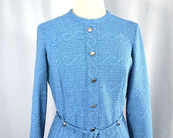 60s Vintage MOD Shift Dress - Blue Textured Knit Silver Accents and Tie Belt - Large to Extra Large