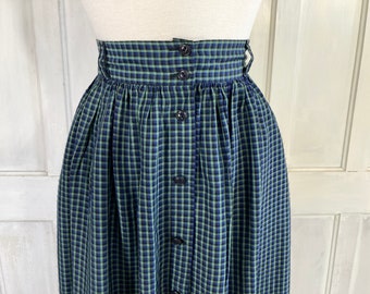 90s Vintage Banana Republic Button Front Midi Skirt - High Waisted Long Skirt - Checkered Plaid Rayon Skirt with Pockets - 26-1/2 inch waist