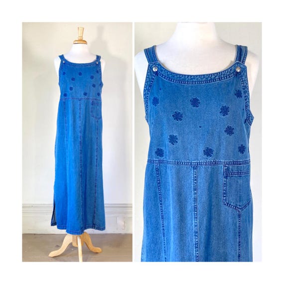 90s Vintage Cherokee Denim Dress - Embroidered Denim Blue Maxi Dress - Overalls Dress - Jumper Dress