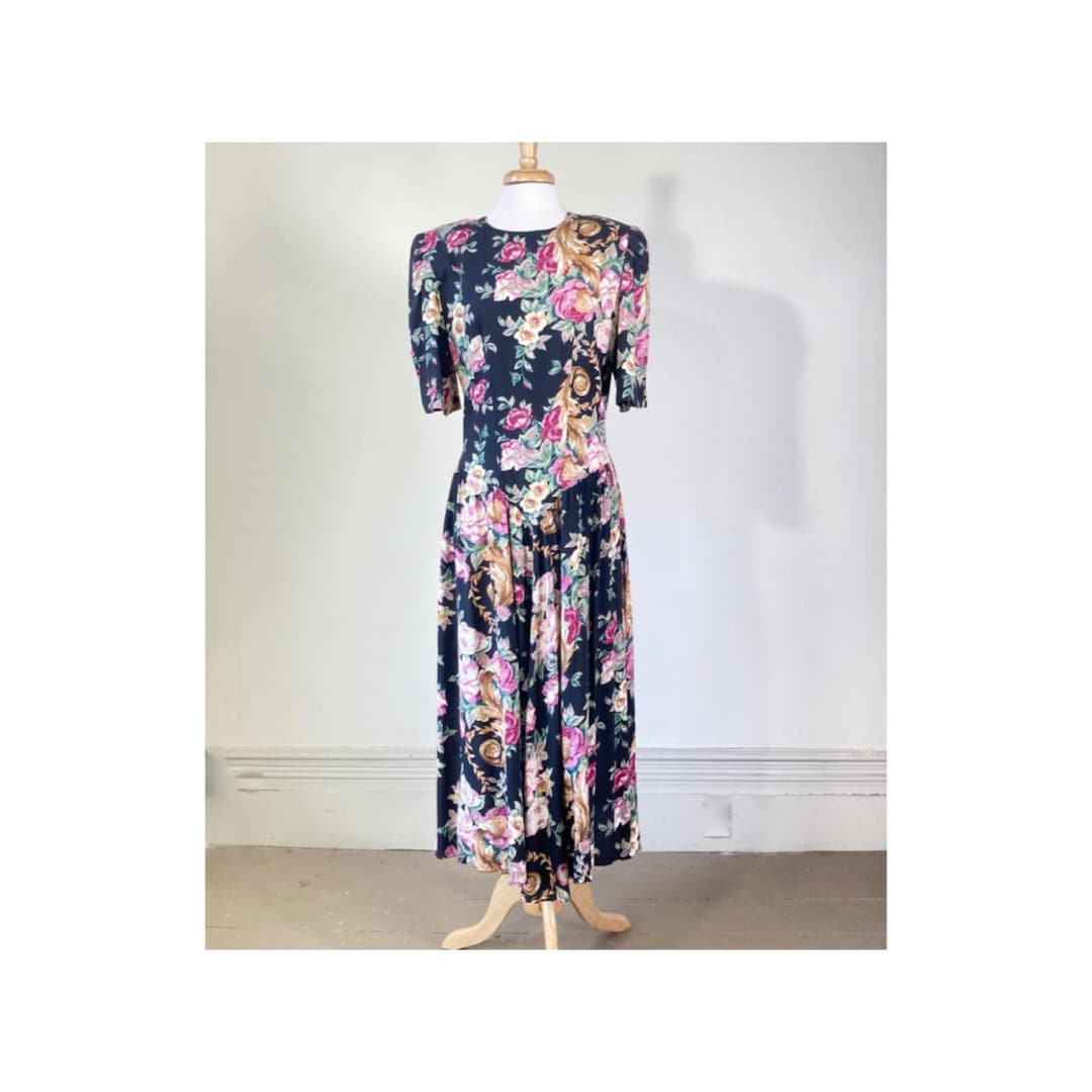 80's Black Blue Rose Floral Lace Sleeveless Drop Waist Button Dress by Act I main image 0