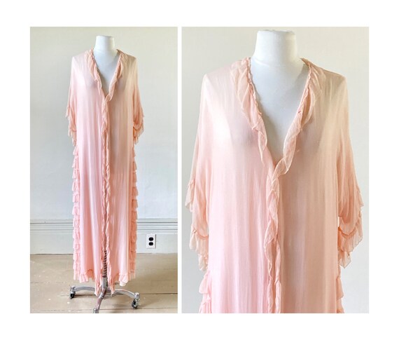 1920s Vintage Silk Chiffon Robe 20s Pale Pink Silk Gown Long 