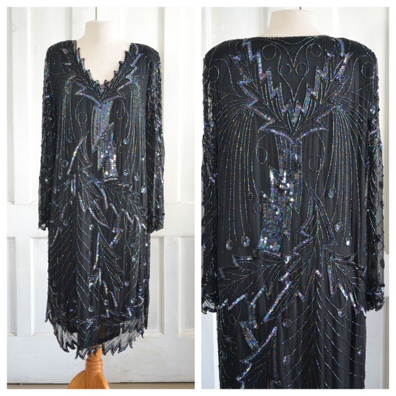 80s Vintage Beaded Silk Dress - 20s Style - Irides