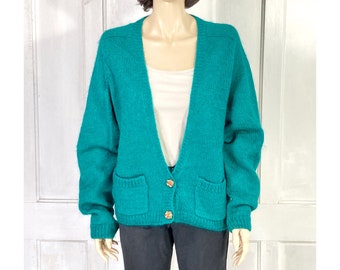 80s Vintage Mohair Cardigan Sweater - 1980s Oversized Deep V Neck Fuzzy Cardigan - Slouchy Relaxed Fit