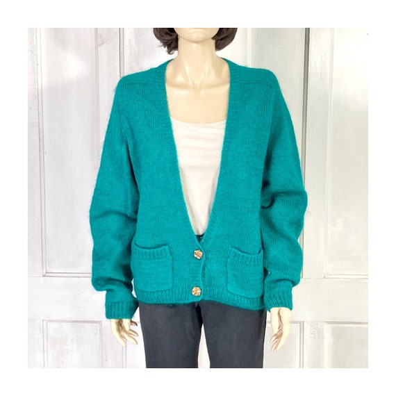80s Vintage Mohair Cardigan Sweater - 1980s Oversized Deep V Neck