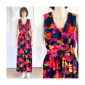 60s Vintage Maxi Dress - 70s Julie Miller Dress - V Neck Black Floral Dress - MOD Sundress - Hawaiian Floral