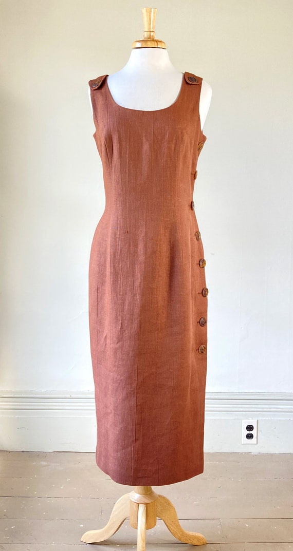 Vintage 90s Linen Sheath Dress - Side Button Midi Dress - Santa Fe Linen Dress - Etsy Vintage 90s Linen Sheath Dress - Side Button Midi Dress - Santa Fe Linen Dress - Etsy